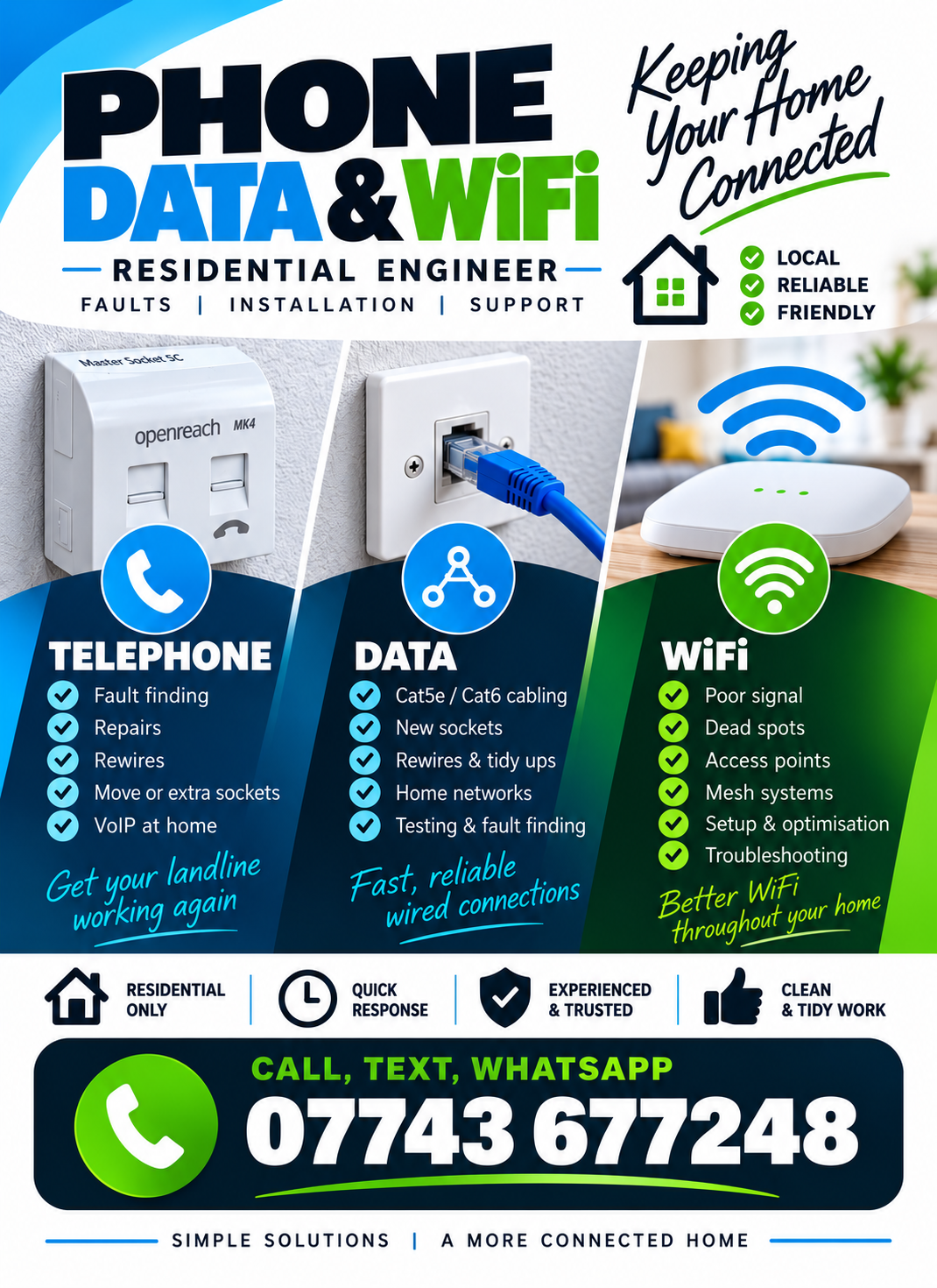 Phone, data and WiFi residential engineer services including telephone repairs, Cat5e and Cat6 cabling, WiFi access points and mesh systems